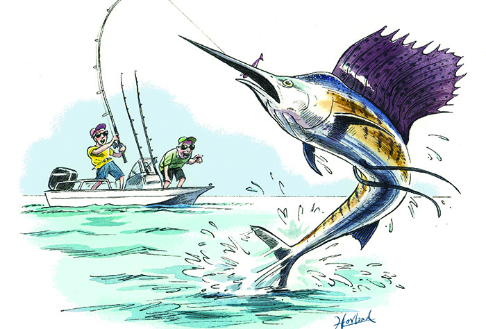 Cartoon of two men in a small fishing boat witha sailfish on a fish rod leaping out of the water