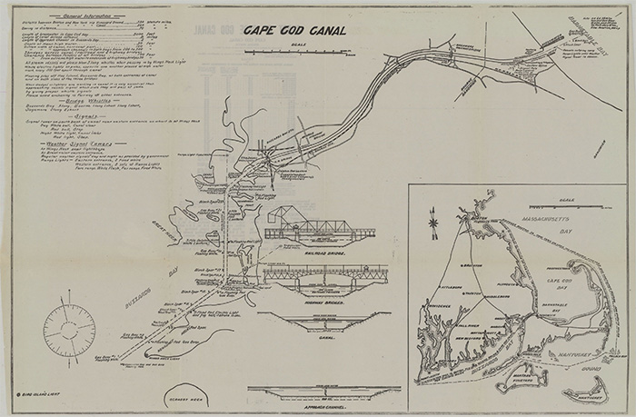 A 1922 map of the Cape Cod Canal showing bridges, mooring points, and other features.