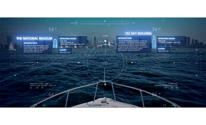 Artificial intelligence display view on a vessel approaching shore and a major city.