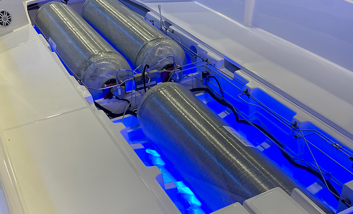 Silver hydrogen-powered cylinders with blue backlight