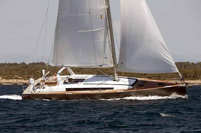 Wide shot o two people riding  a Beneteau Sailing Boat model Oceanis 55