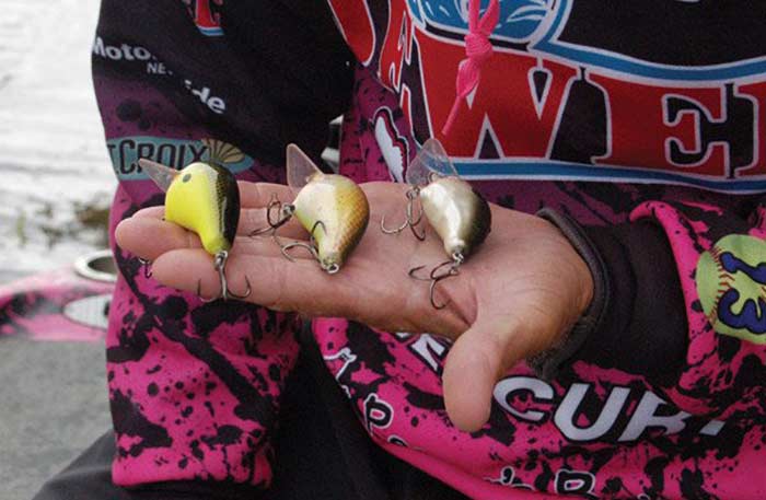 A man holds three fishing lures with multiple hooks on his flat palm