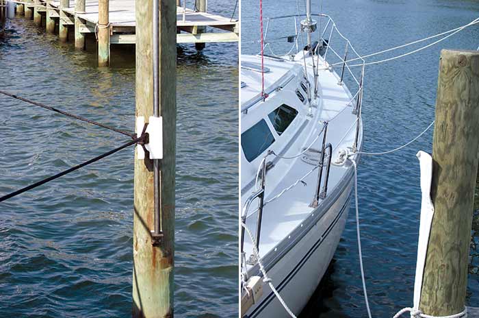 Photo left: Tide slider attached to piling with boat line; photo right: boat line attached to midship cleat