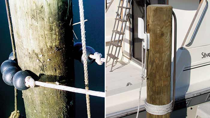 Closeup of tideminders around a piling, left photo and sturdy hook attach to a piling, right photo