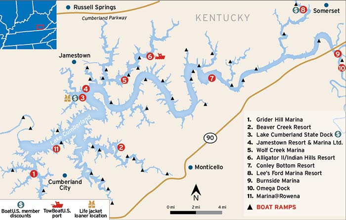 Lake Cumberland map with BoatUS services and boat ramps lcations indicated