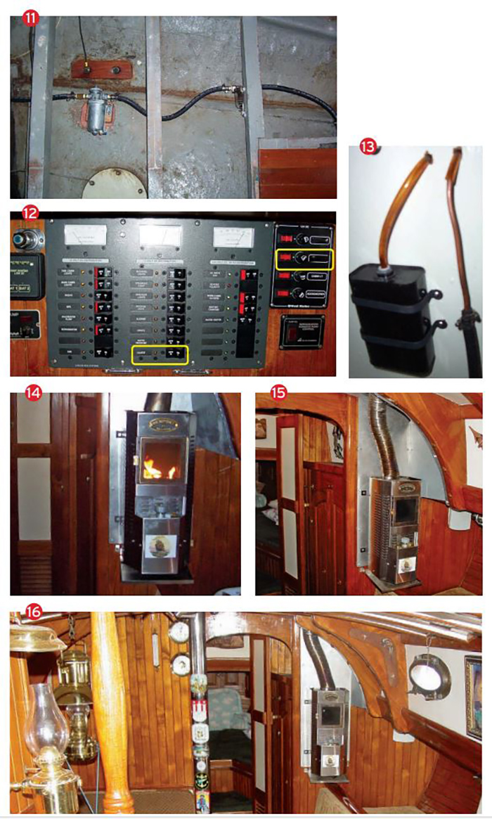 Six photos demonstrating steps 11-16 on how to extend your boating season by installing a diesel heater