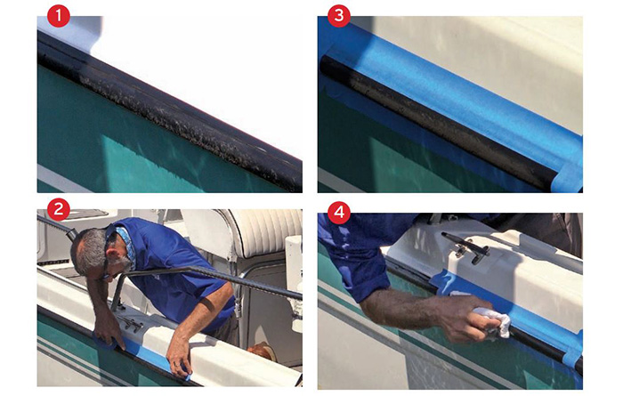 Four images showing how to repair a vinyl rubrail