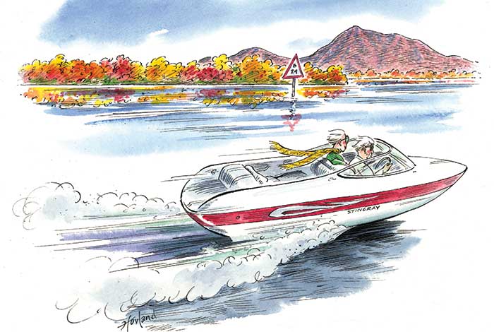 An illustration of a couple in a Stingray bowrider cruising along the water with a buoy, mountains and colorful trees in the background