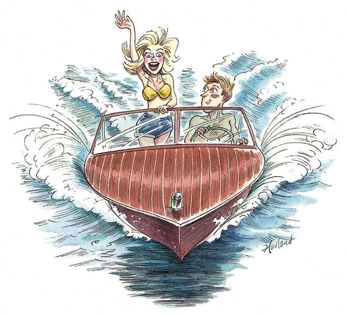 Drawing displaying a shirtless Caucasian male driving a boat with a blonde female passenger in a yellow bikini