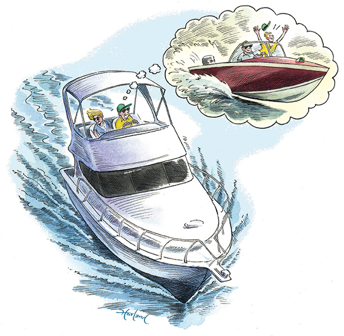 Illustration of a man on a yacht daydreaming about a speedboat.