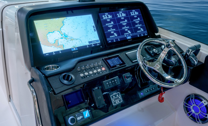 Helm of a vessel showcasing a digital switching system.