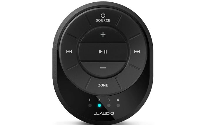 Close up view of a black wireless remote fob from JL Audio 