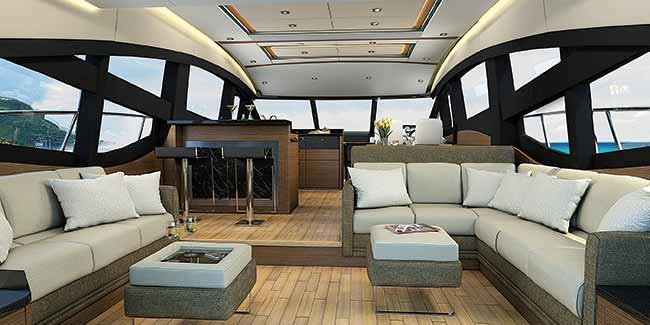 Large interior of Sea Ray I650 fly with two beige couches and two high top black stools, all  surrounded by large windows. 