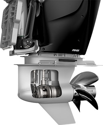 Product photo: Side view of Mercury Marine V10 Verado outboard engine gearcase and internal parts