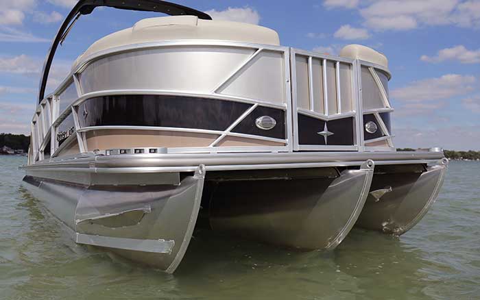 The front of a Berkshire 25 Sport SLX 3 pontoon boat