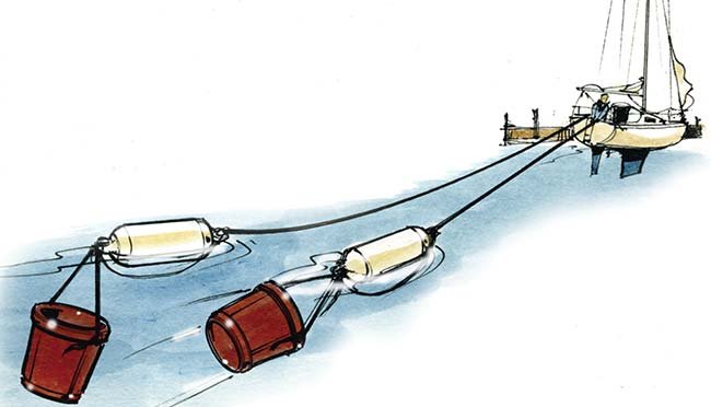 An illustration of a sailboat pulling two buoys with buckets attached to them