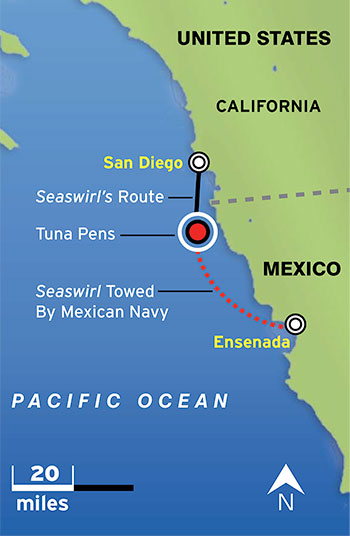 Map of the coast of California with a route between San Diego and Ensenda traced out and marking the spot where tuna pens were located