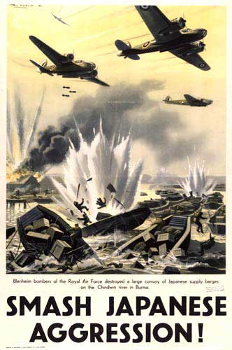 British World War II poster depicting planes dropping bombs on Japanese boats in a harbor
