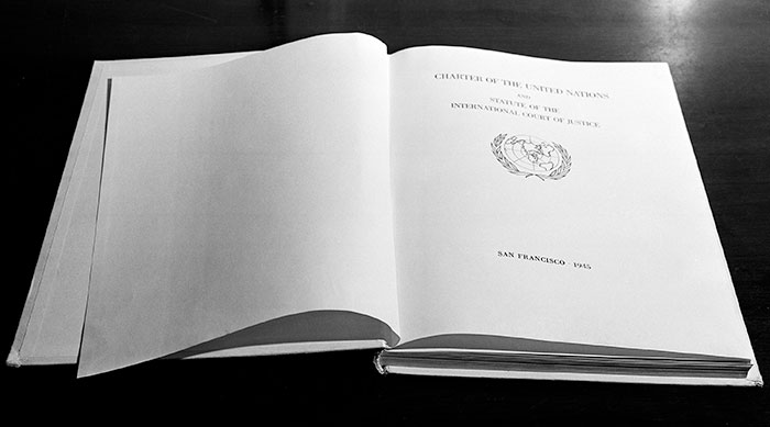 Book open to title page of the United Nations Charter in English