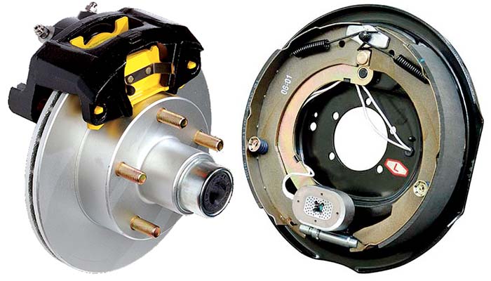 Close-up photo of a trailer disc brake on the left and the interior of a trailer drum brake on the right