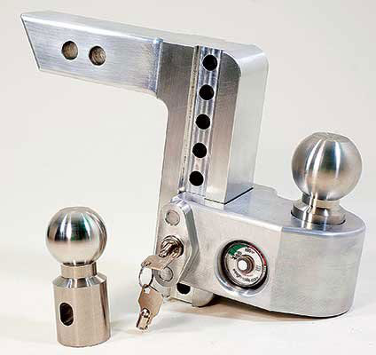 Product photo: Weigh-Safe adjustable hitch ball; the tongue-weight gauge is also built right into the ball portion