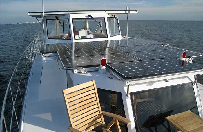 Solar panels on top of boat cabin