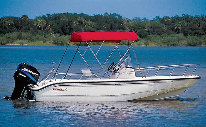 Powerboat with red bimini top