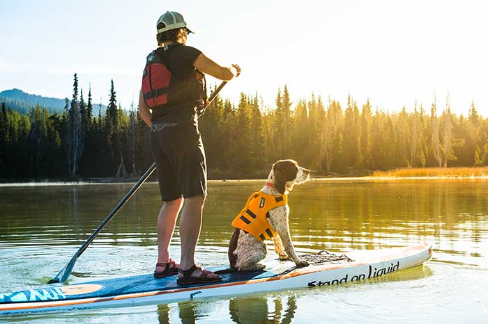 Man paddling on a standup paddleboard with dog on the front in a life jacket