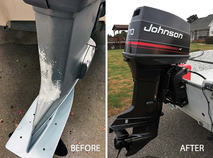 Before and after Johnson-70 outboard spray job