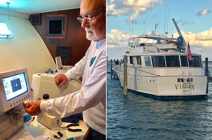 Tom Vanderpool crafts glasses in the lab he’s set up aboard his boat