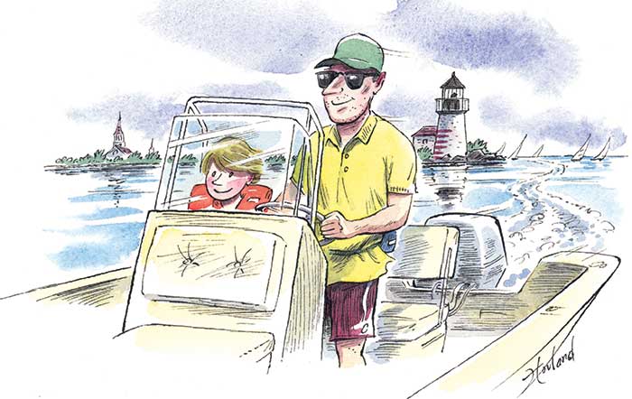 Father and son boating illustration