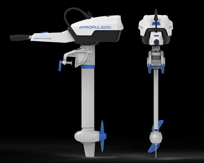 Product photo: ePropulsion Spirit 1.0 Plus electric outboard motor side and front views