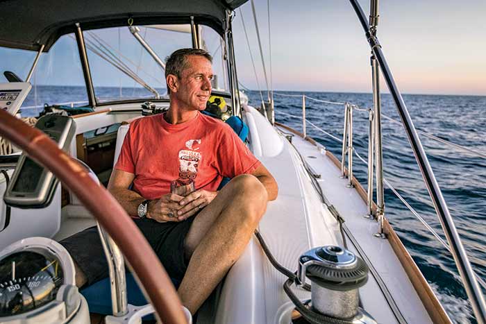 Peter Obetz aboard his Leopard sailing catamara