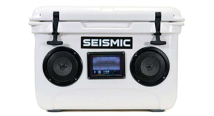 Seismic 48-quart cooler with built-in stereo speaker