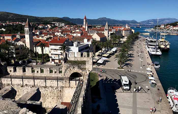 Birdseye view of the ancient walled harbor city of Trogir in Croatia