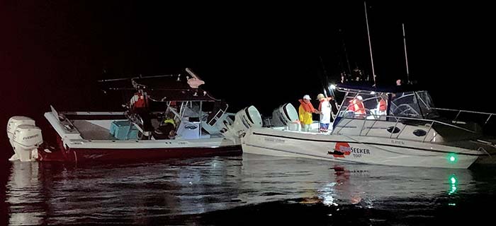 A 29-foot vessel collided with a 30-foot vessel at night near Fort Pierce, Florida