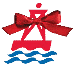 BoatUS red and blue buoy logo with red bow attached to it