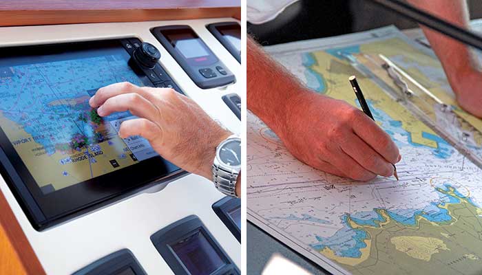 Using an electronic chartplotter image on the left versus plotting a course using a paper chart image on right