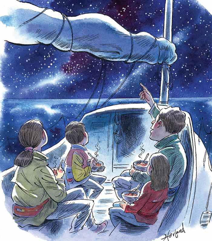 Illustration of father pointing to the sky with his 3 children in a sailboat at night