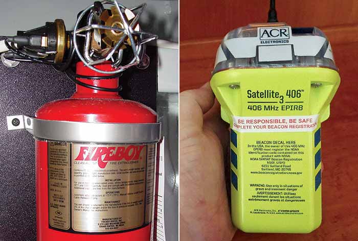 Red fire suppression system, photo left, hand holding a yellow Emergency Position Indicating Radio Beacon, photo right