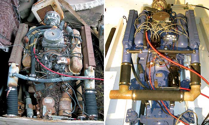 Before (left) and after (right) renovation photos of the engine and exhaust of 1968 powerboat