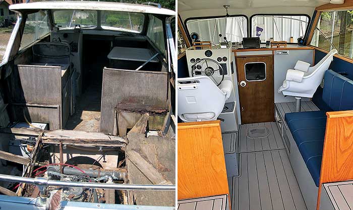 Before (left) and after (right) renovation photos of the interior of 1968 powerboat
