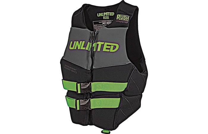 Product photo, Unlimited Rush life jacket in black and gray with bright green accents