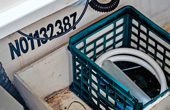Close up photo of boat registration number painted in blue on the inside of boat hull with a basket containg a hose next to it