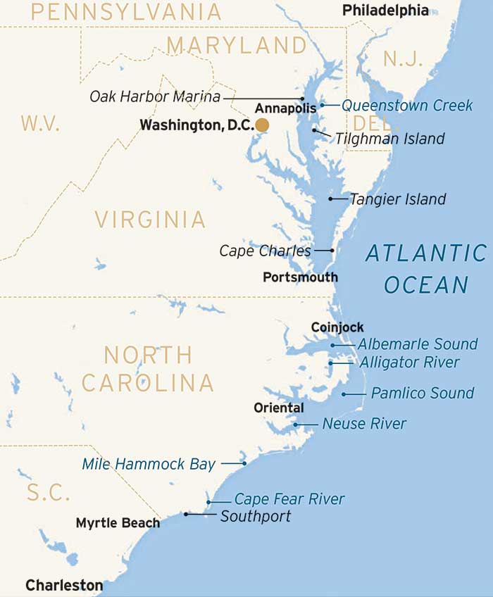 Map of the East Coast showing cities and bodies of water from Charleston South Carolina to Philadelphia Pennsylvania