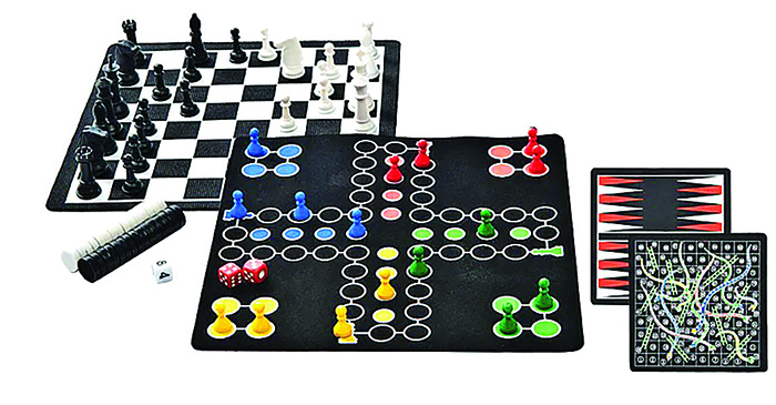 Chess, checkers, backgammon, ludo and snakes & ladders magnetic game set.