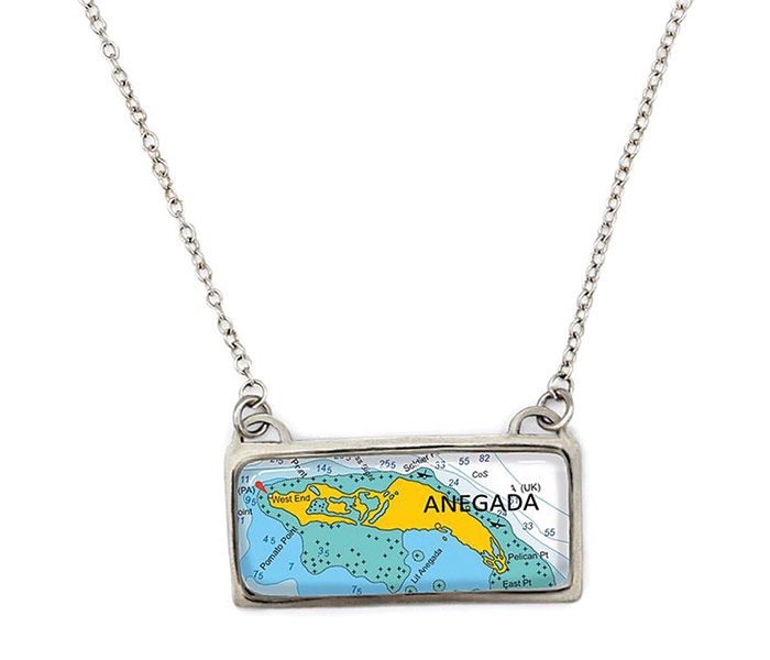 Silver necklace featuring a nautical chart.