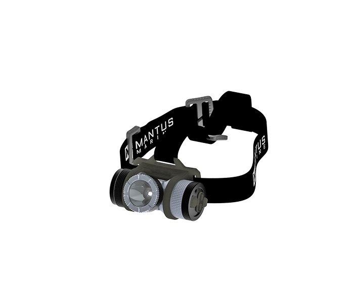 Black and silver head lamp with black head strap.