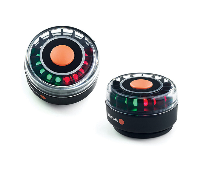Tow multi-color portable navigation lights with magnetic mounting system.