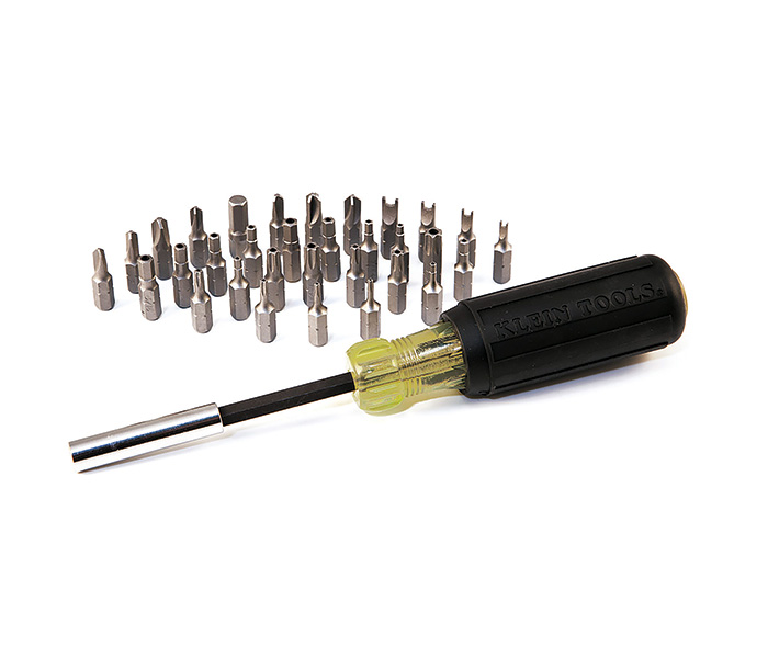 Black and yellow multi-bit screwdriver with 32 interchangeable bits